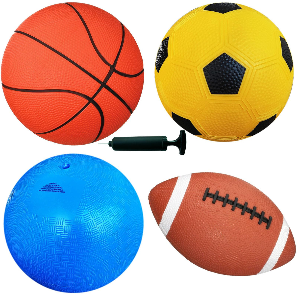 AppleRound 4-Pack Sports Balls for Toddlers & Kids with Pump – 5-Inch Soccer Ball, Basketball, Playground Ball & 6.5-Inch Football – Soft Small Balls for Indoor/Outdoor Play (Ages 2-7)