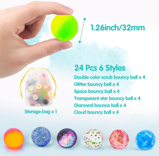 24 Pieces Bouncy Balls 32mm Bounce Balls 6 Styles High Bouncing Balls Toys for Kids Party Favors Birthdays Gift Classroom