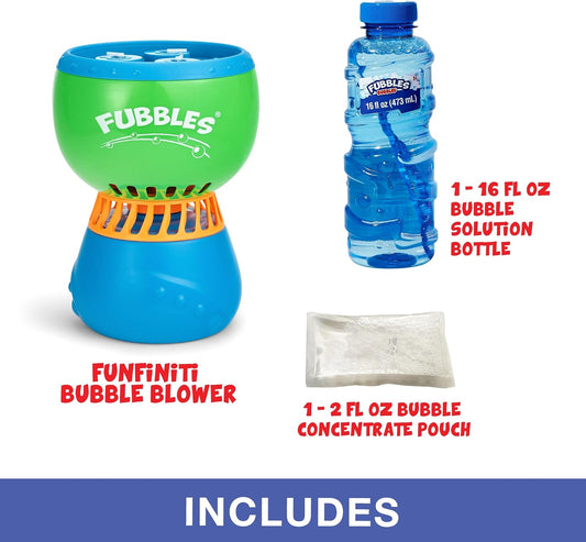 FUBBLES NO Spill Funfiniti Bubble Machine | Blows One Hour of Non Stop Bubbles | Amazon Exclusive Toy Set Includes 36oz of Non Toxic Refill Solution (Bubble Solution Bottle Colors Will Vary)