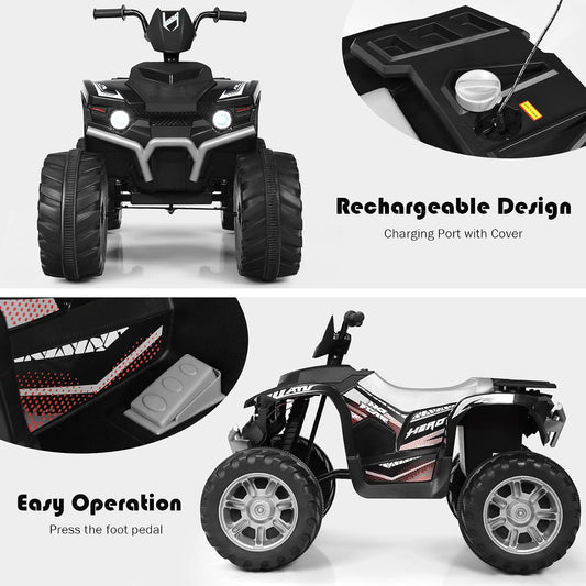 Costzon Kids ATV, 12V Battery Powered Electric Vehicle w/LED Lights, High & Low Speed, Horn, Music, USB, Treaded Tires, Ride on Car 4 Wheeler Quad for Boys & Girls Gift, Ride on ATV (Black)