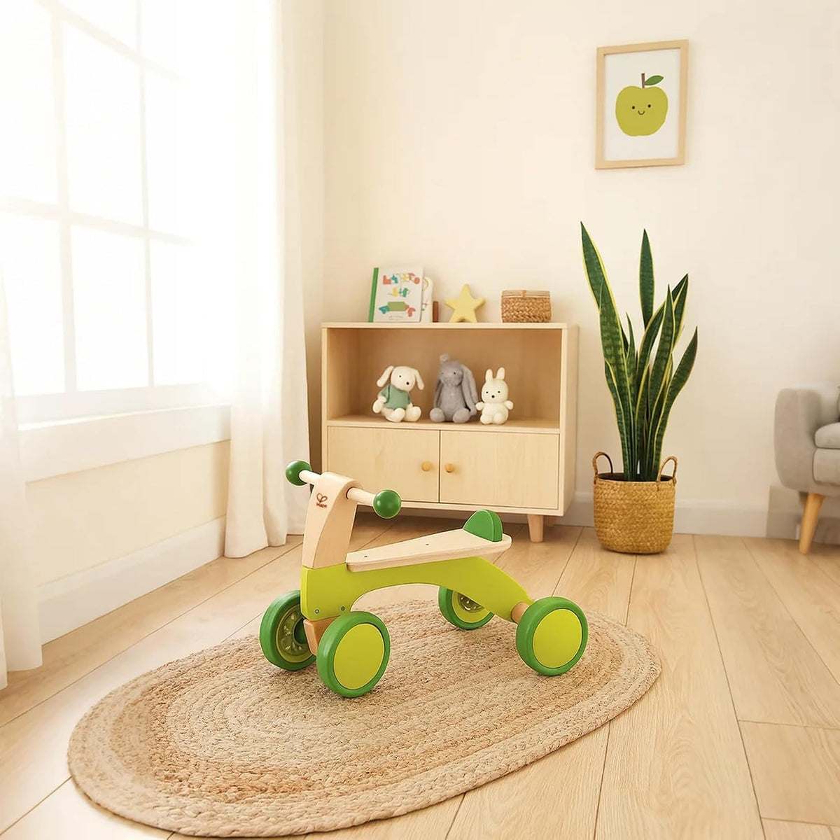 Hape Scoot Around Ride On Wood Bike | Award Winning Four Wheeled Wooden Push Balance Bike Toy for Toddlers with Rubberized Wheels, Bright Green