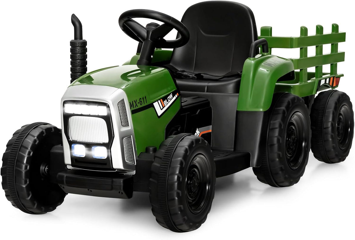 Costzon Ride on Tractor with Detachable Trailer, Kids' Electric Vehicles w/3-Gear-Shift Ground Loader, Wireless Design & USB, 7 LED Headlights, Remote Control Tractor Toy for Kids 3+ (12V, Dark Green)