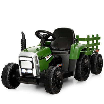 Costzon Ride on Tractor with Detachable Trailer, Kids' Electric Vehicles w/3-Gear-Shift Ground Loader, Wireless Design & USB, 7 LED Headlights, Remote Control Tractor Toy for Kids 3+ (12V, Dark Green)