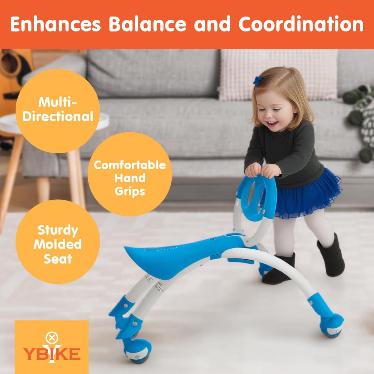 YBIKE Pewi Walking Ride On Toy - from Baby Walker to Toddler Ride On for Ages 9 Months to 3 Years Old, YPIW3, Blue