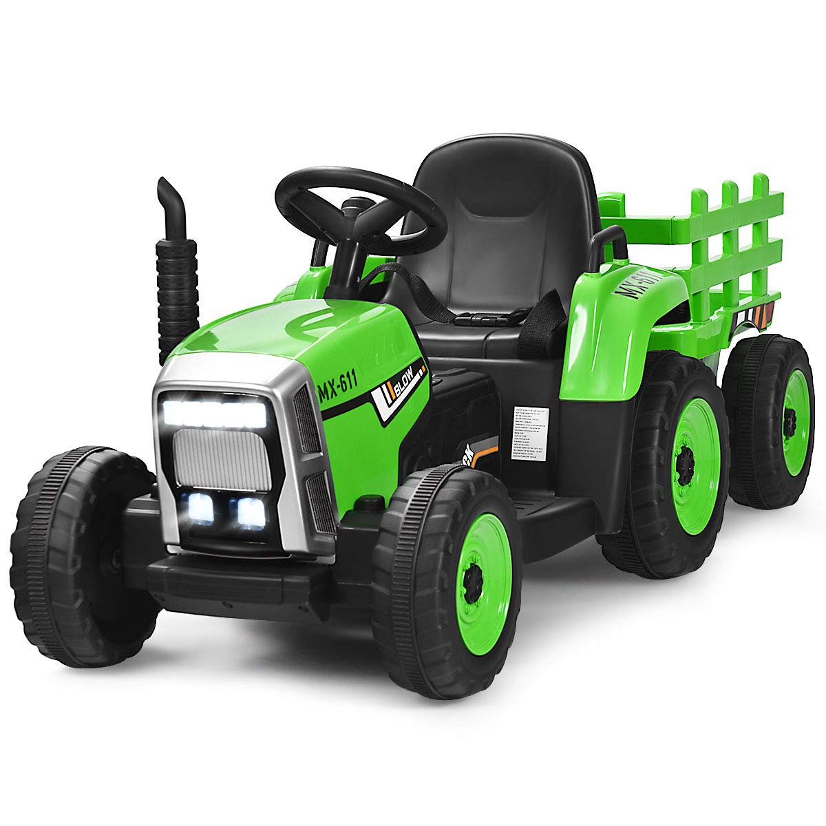 Costzon Ride on Tractor with Detachable Trailer, Kids' Electric Vehicles w/3-Gear-Shift Ground Loader, Wireless Design & USB, 7 LED Headlights, Remote Control Tractor Toy for Kids 3+ (12V, Dark Green)