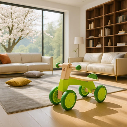 Hape Scoot Around Ride On Wood Bike | Award Winning Four Wheeled Wooden Push Balance Bike Toy for Toddlers with Rubberized Wheels, Bright Green