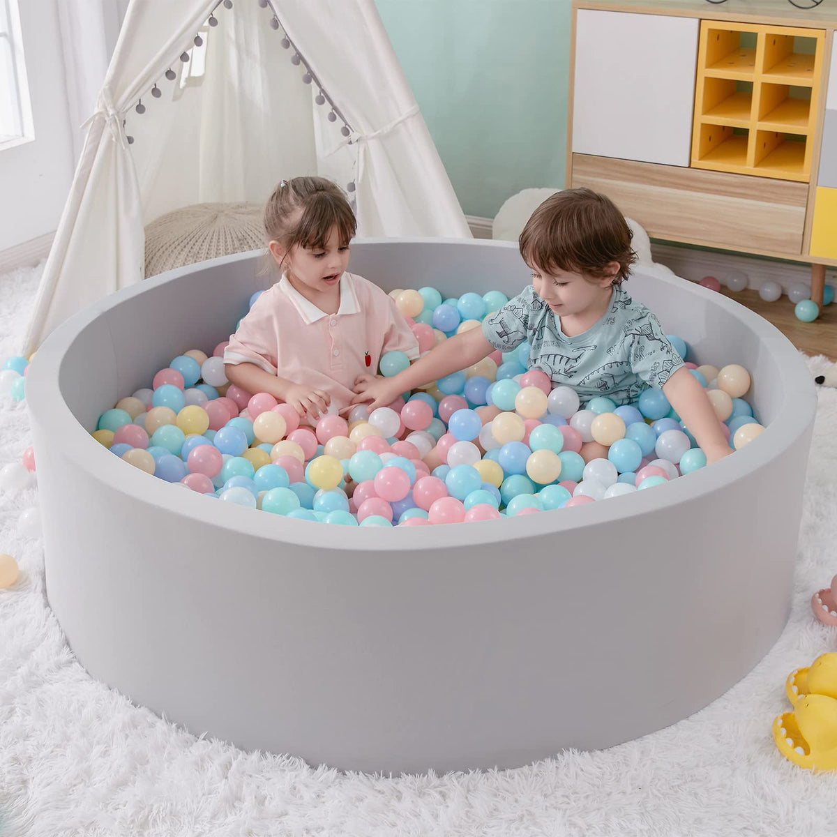 SHJADE Foam Ball Pit, 35.4"x 11.8" Ball Pits for Toddlers-Grey