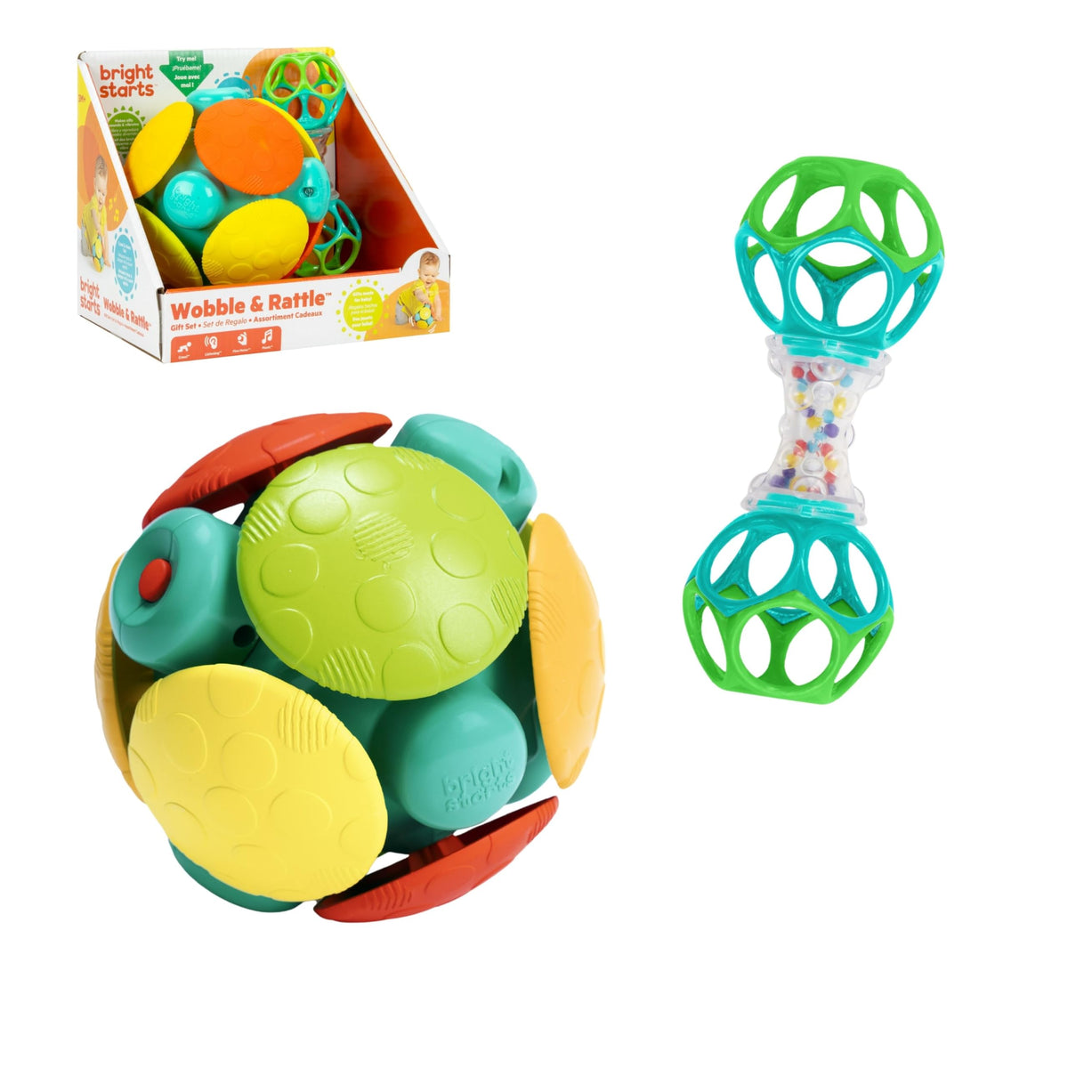 Bright Starts Easy-Grasp Oball Bundle Gift Set - Grasp The Day, Ball and Rattle Toys 2-Pack, BPA Free, Unisex, Newborn+