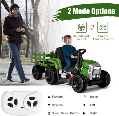 Costzon Ride on Tractor with Detachable Trailer, Kids' Electric Vehicles w/3-Gear-Shift Ground Loader, Wireless Design & USB, 7 LED Headlights, Remote Control Tractor Toy for Kids 3+ (12V, Dark Green)