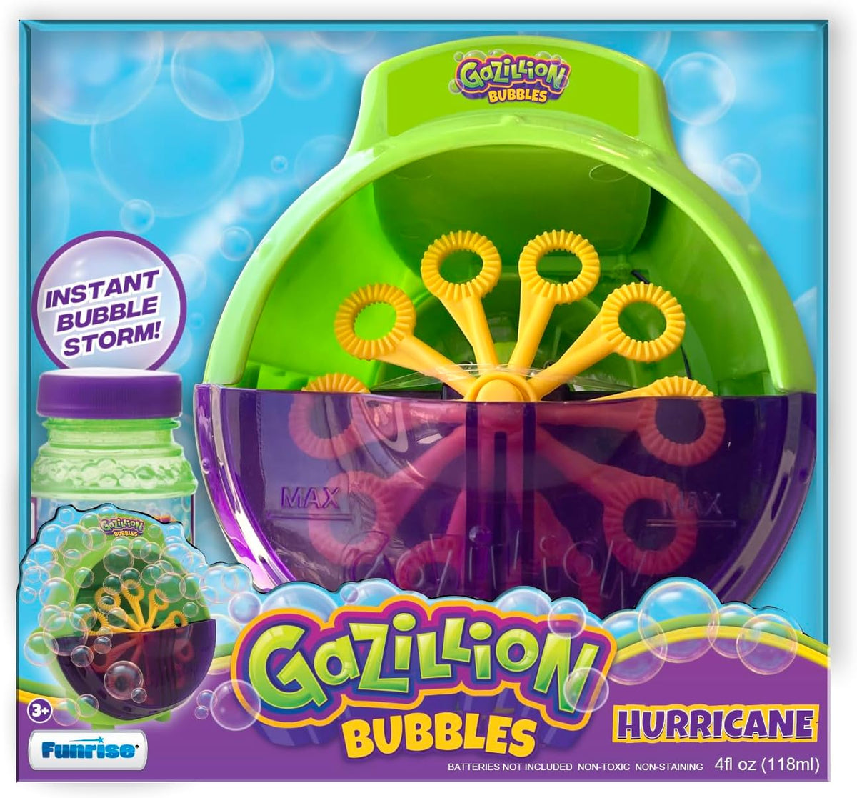 Gazillion Bubbles, Hurricane Bubble Making Machine - Portable Bubble Maker - Instant Bubble Creation - Outdoor Toy for Kids - 4 oz. Bubble Solution Included - Ages 3+