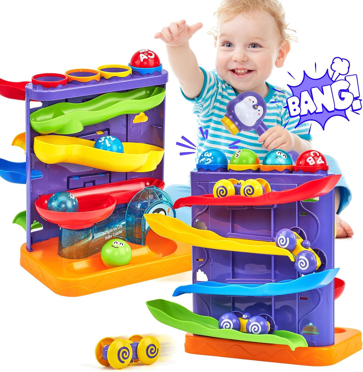 hahaland Ball Drop Toys for 1 Year Old, 2 in 1 Pound a Ball & Car Ramp