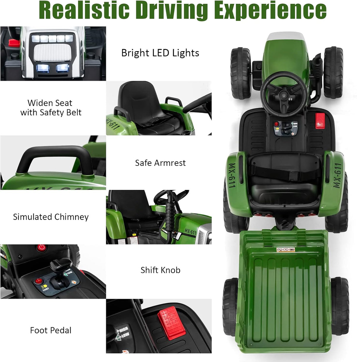 Costzon Ride on Tractor with Detachable Trailer, Kids' Electric Vehicles w/3-Gear-Shift Ground Loader, Wireless Design & USB, 7 LED Headlights, Remote Control Tractor Toy for Kids 3+ (12V, Dark Green)