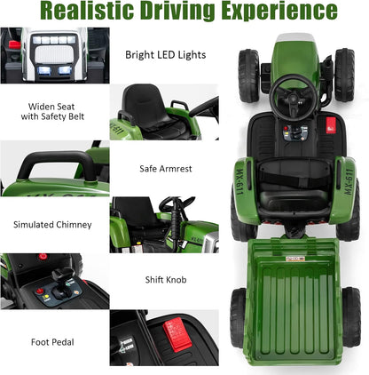 Costzon Ride on Tractor with Detachable Trailer, Kids' Electric Vehicles w/3-Gear-Shift Ground Loader, Wireless Design & USB, 7 LED Headlights, Remote Control Tractor Toy for Kids 3+ (12V, Dark Green)
