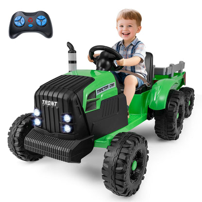 Costzon Ride on Tractor with Detachable Trailer, Kids' Electric Vehicles w/3-Gear-Shift Ground Loader, Wireless Design & USB, 7 LED Headlights, Remote Control Tractor Toy for Kids 3+ (12V, Dark Green)