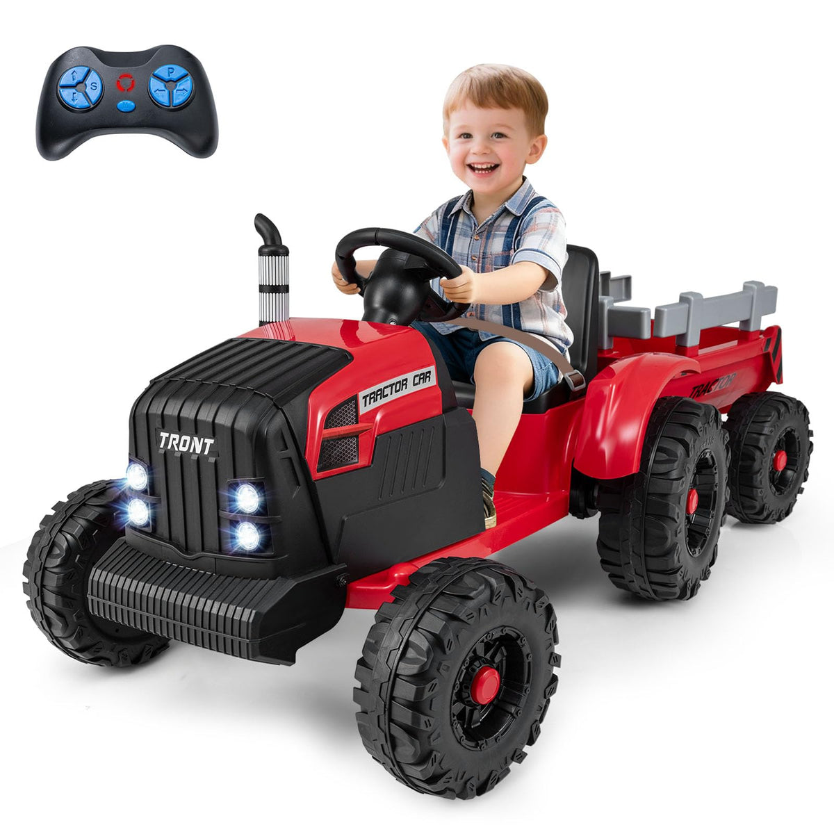 Costzon Ride on Tractor with Detachable Trailer, Kids' Electric Vehicles w/3-Gear-Shift Ground Loader, Wireless Design & USB, 7 LED Headlights, Remote Control Tractor Toy for Kids 3+ (12V, Dark Green)