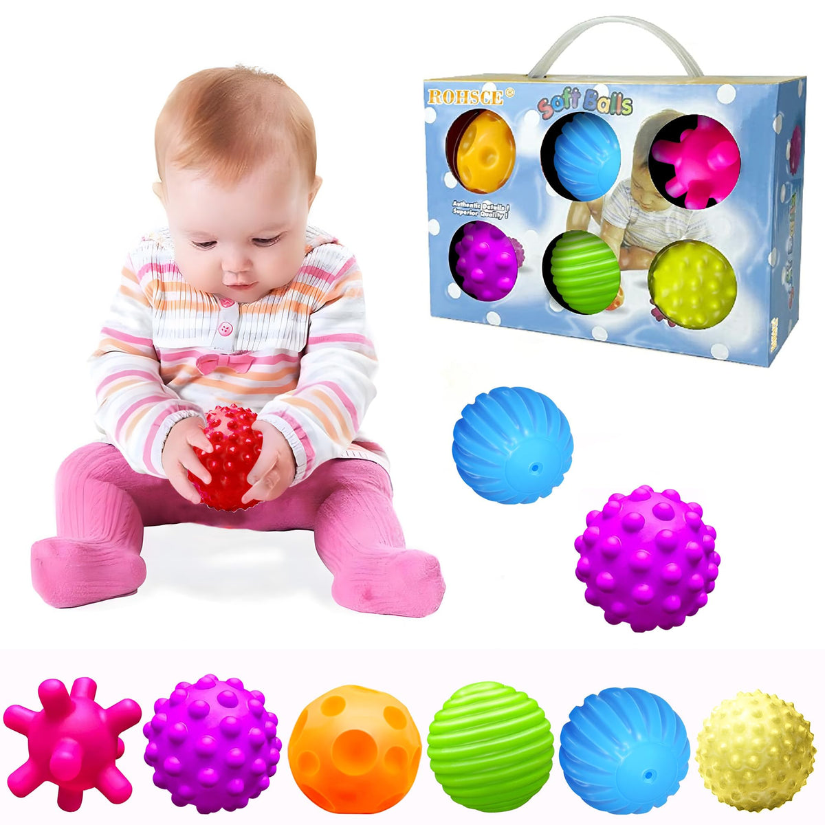 Baby Textured Multi Sensory Toys Massage Ball Gift Set BPA Free for Toddlers 1-3 Soft Balls Montessori Infant Baby Toys 6 to 12 Months 6 Pack
