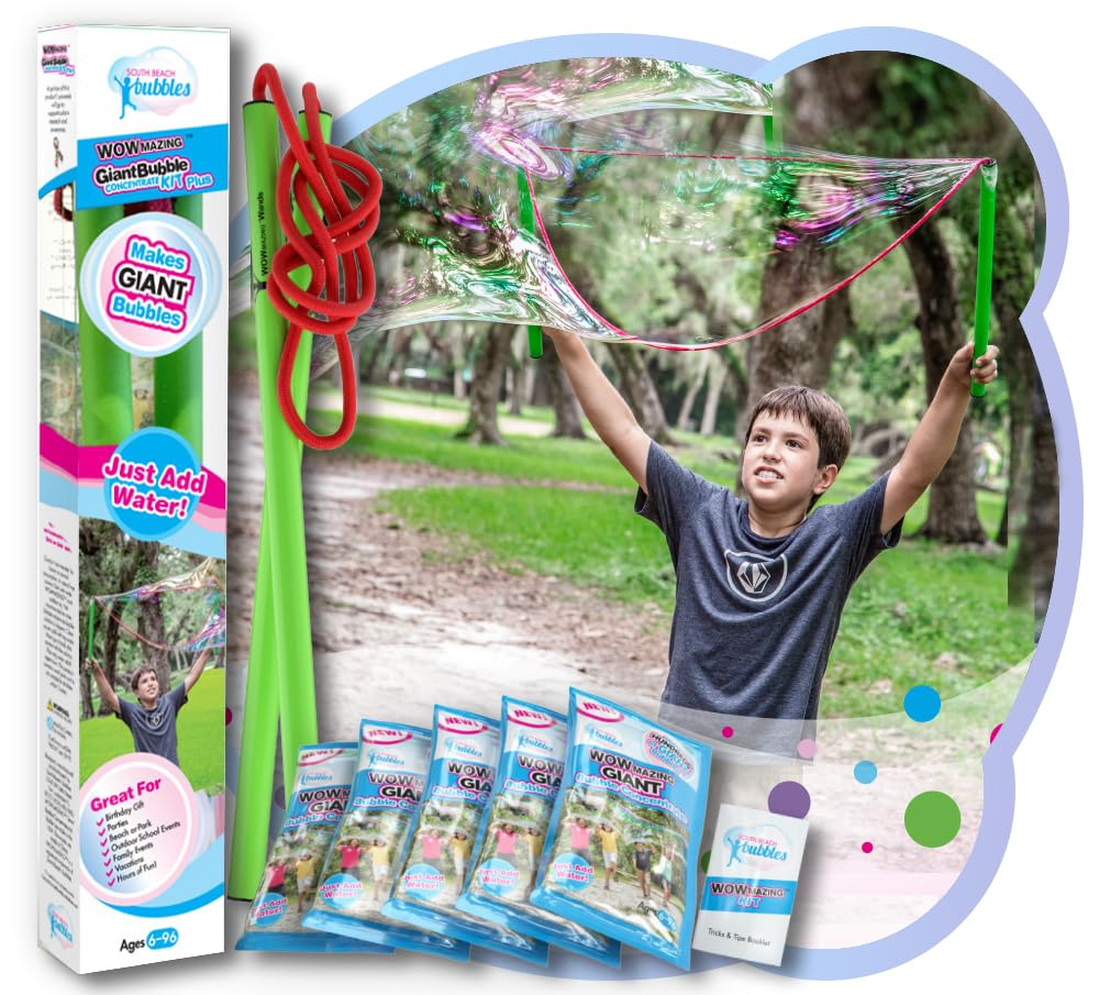 WOWmazing Giant Bubble Wands Kit: (4-Piece Set) | Incl. Wand, Big Bubble Concentrate and Tips & Trick Booklet | Outdoor Toy for Kids, Boys, Girls | Bubbles Made in The USA