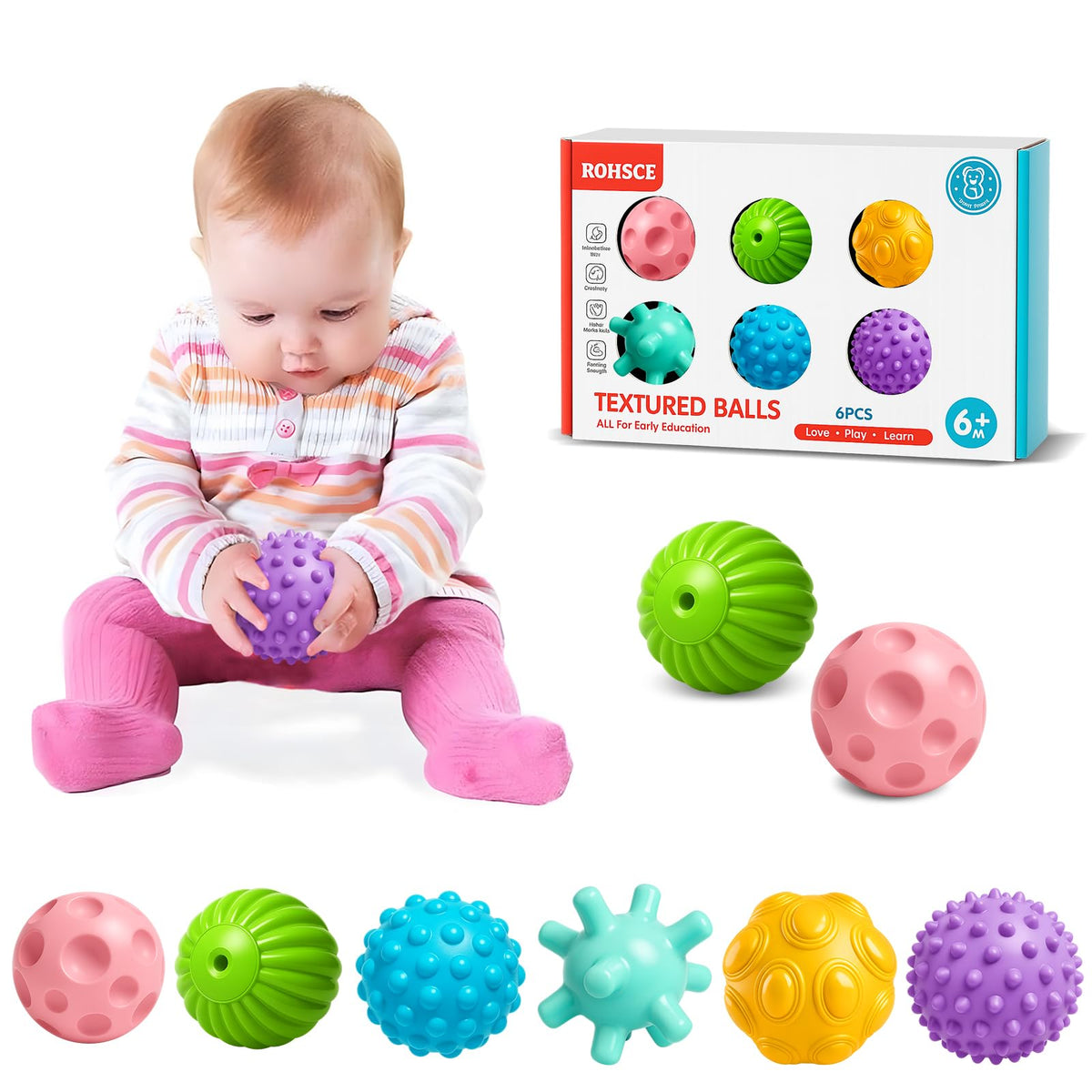 Baby Textured Multi Sensory Toys Massage Ball Gift Set BPA Free for Toddlers 1-3 Soft Balls Montessori Infant Baby Toys 6 to 12 Months 6 Pack