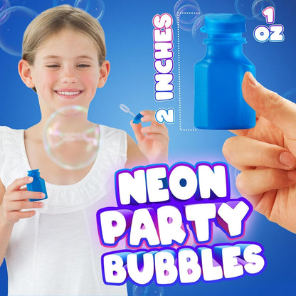 Mini Neon Party Bubbles for Kids - (Pack of 12) Bulk Wands and Bottles for Blowing Bubbles, Birthday Party Favors, Toy Gift, Outdoor Toys, Carnival Prizes, and Goody Bag Stuffers