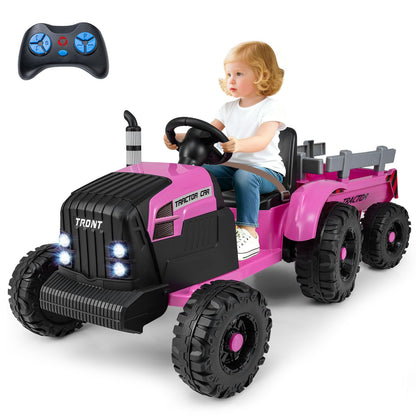 Costzon Ride on Tractor with Detachable Trailer, Kids' Electric Vehicles w/3-Gear-Shift Ground Loader, Wireless Design & USB, 7 LED Headlights, Remote Control Tractor Toy for Kids 3+ (12V, Dark Green)