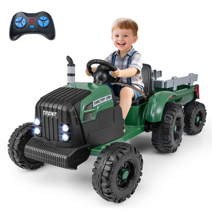 Costzon Ride on Tractor with Detachable Trailer, Kids' Electric Vehicles w/3-Gear-Shift Ground Loader, Wireless Design & USB, 7 LED Headlights, Remote Control Tractor Toy for Kids 3+ (12V, Dark Green)