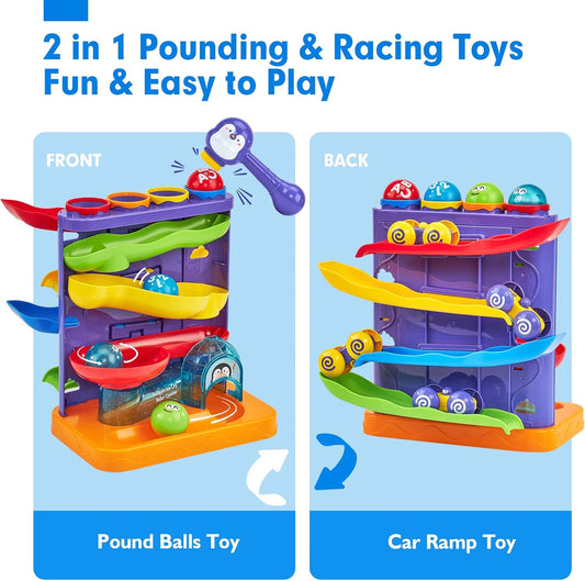 hahaland Ball Drop Toys for 1 Year Old, 2 in 1 Pound a Ball & Car Ramp