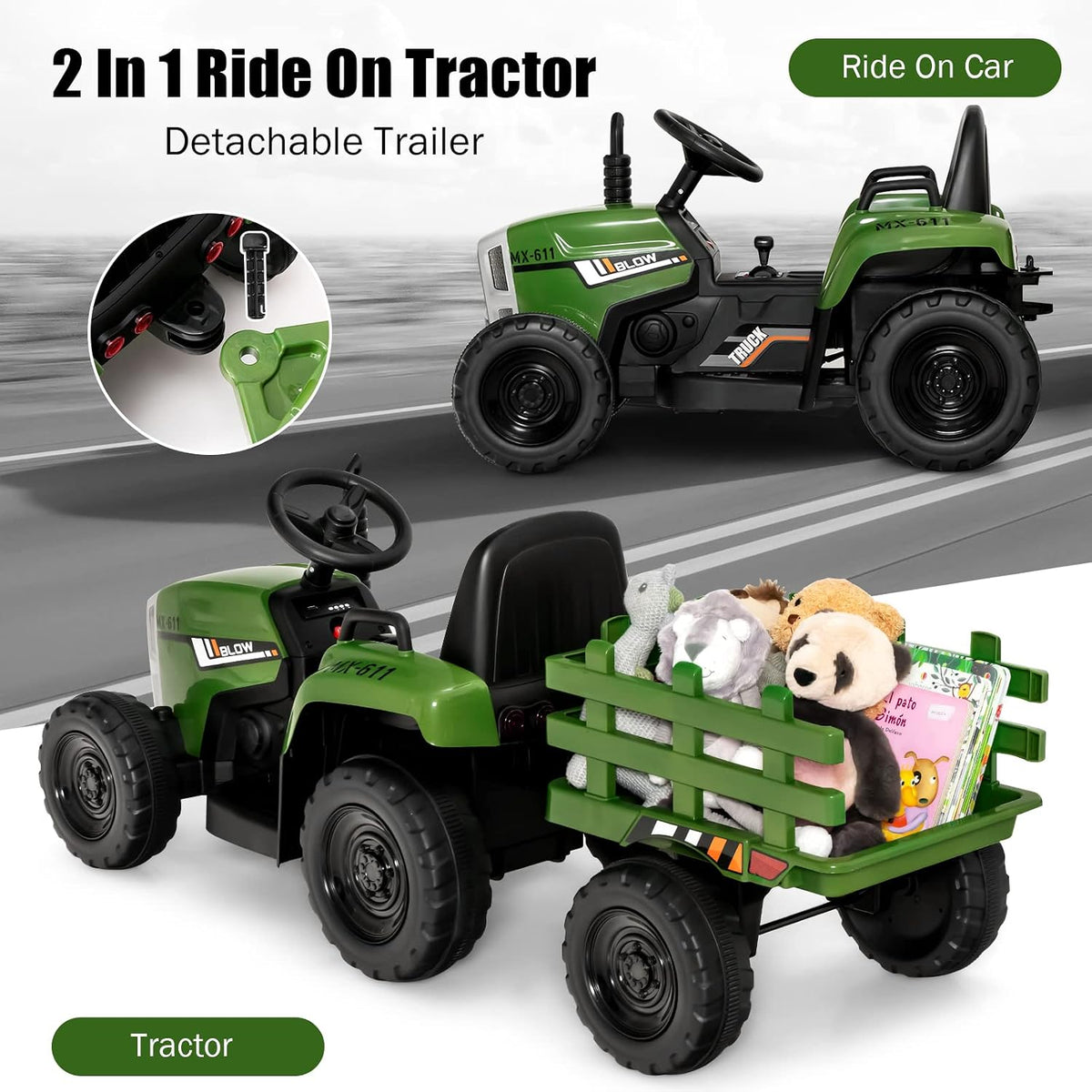 Costzon Ride on Tractor with Detachable Trailer, Kids' Electric Vehicles w/3-Gear-Shift Ground Loader, Wireless Design & USB, 7 LED Headlights, Remote Control Tractor Toy for Kids 3+ (12V, Dark Green)