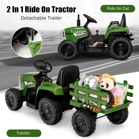 Costzon Ride on Tractor with Detachable Trailer, Kids' Electric Vehicles w/3-Gear-Shift Ground Loader, Wireless Design & USB, 7 LED Headlights, Remote Control Tractor Toy for Kids 3+ (12V, Dark Green)