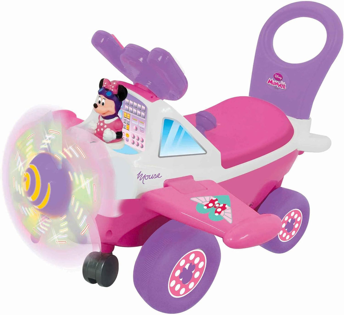 Kiddieland Disney My First Minnie Ride-On Plane Toy with Music, Lights & Sounds, Steering Wheel, 360° Turning, Horn, Foot-to-Floor Toddler Vehicle