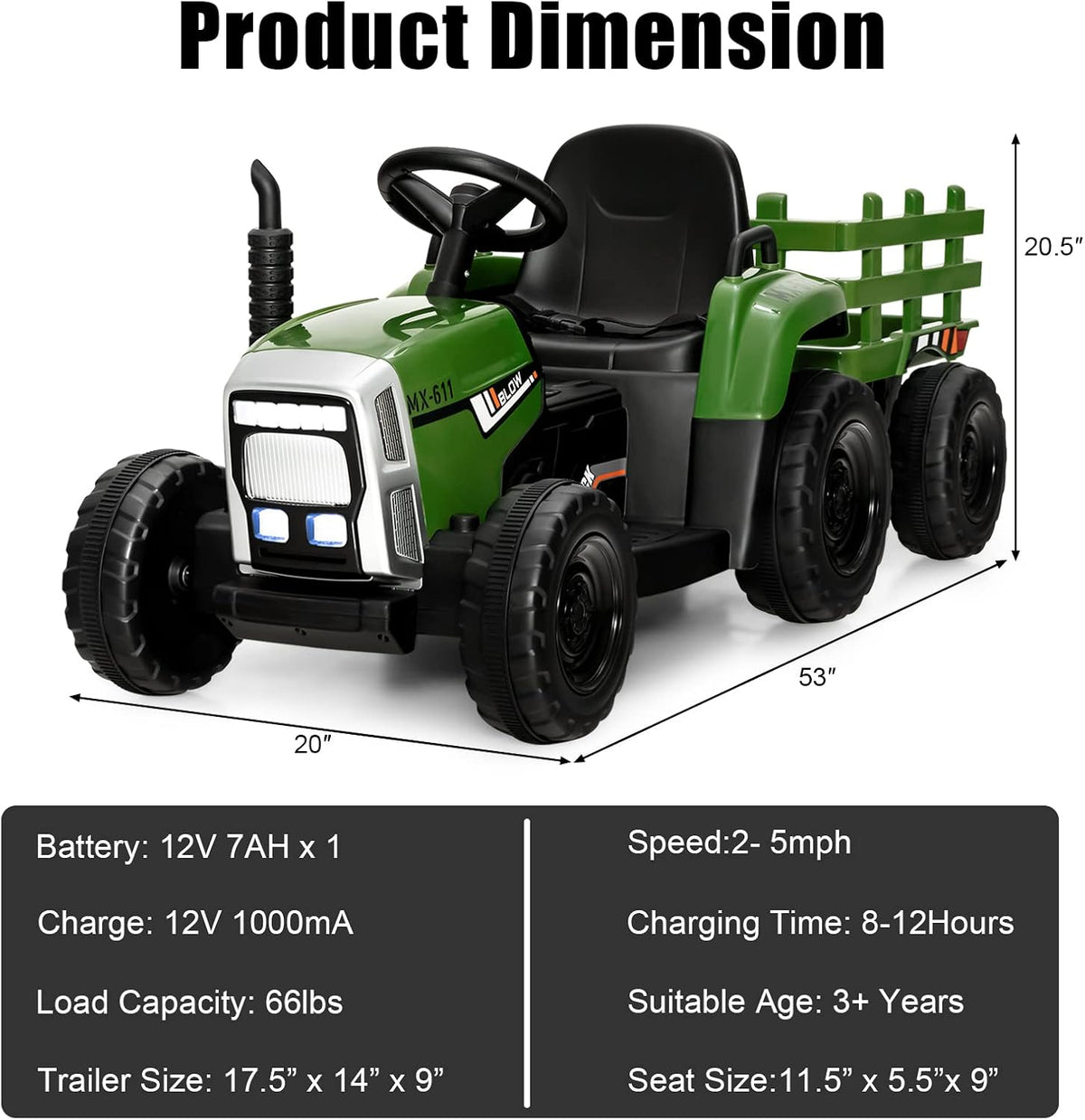 Costzon Ride on Tractor with Detachable Trailer, Kids' Electric Vehicles w/3-Gear-Shift Ground Loader, Wireless Design & USB, 7 LED Headlights, Remote Control Tractor Toy for Kids 3+ (12V, Dark Green)