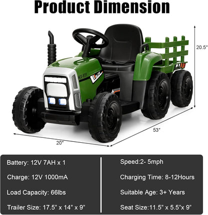 Costzon Ride on Tractor with Detachable Trailer, Kids' Electric Vehicles w/3-Gear-Shift Ground Loader, Wireless Design & USB, 7 LED Headlights, Remote Control Tractor Toy for Kids 3+ (12V, Dark Green)