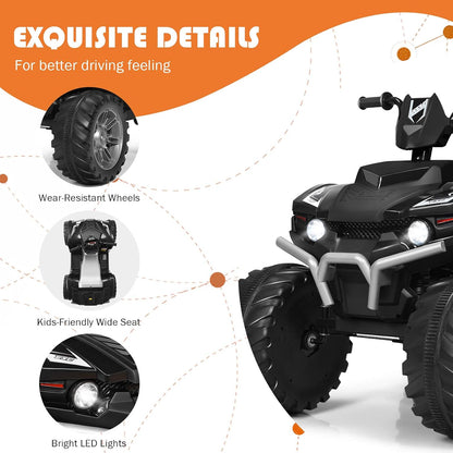 Costzon Kids ATV, 12V Battery Powered Electric Vehicle w/LED Lights, High & Low Speed, Horn, Music, USB, Treaded Tires, Ride on Car 4 Wheeler Quad for Boys & Girls Gift, Ride on ATV (Black)