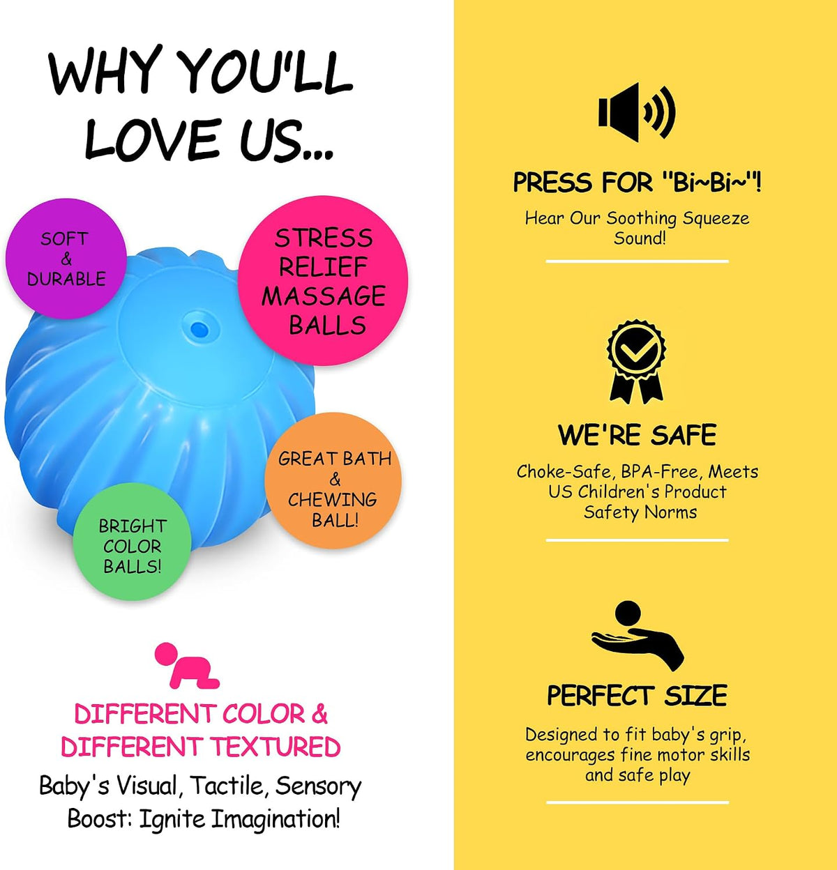Baby Textured Multi Sensory Toys Massage Ball Gift Set BPA Free for Toddlers 1-3 Soft Balls Montessori Infant Baby Toys 6 to 12 Months 6 Pack