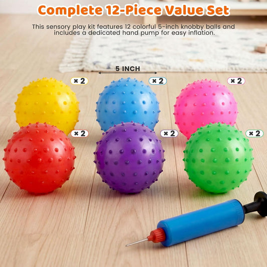 LOVEINUSA 12 Pack Bouncy Balls with Pump, 5 Inch Knobby Massage Ball