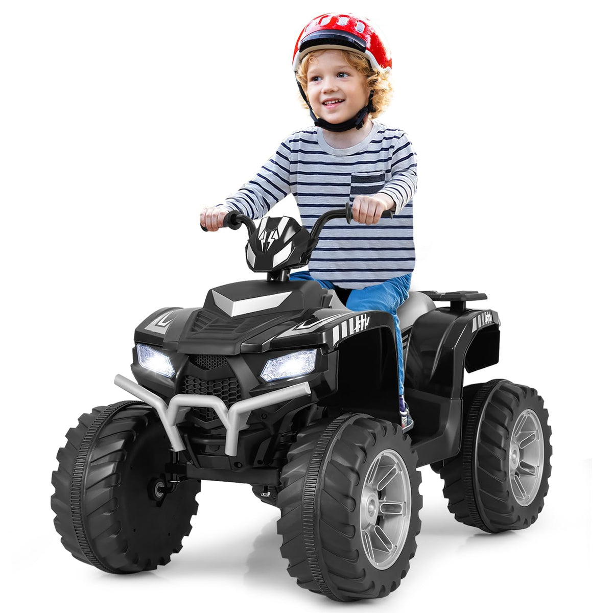 Costzon Kids ATV, 12V Battery Powered Electric Vehicle w/LED Lights, High & Low Speed, Horn, Music, USB, Treaded Tires, Ride on Car 4 Wheeler Quad for Boys & Girls Gift, Ride on ATV (Black)