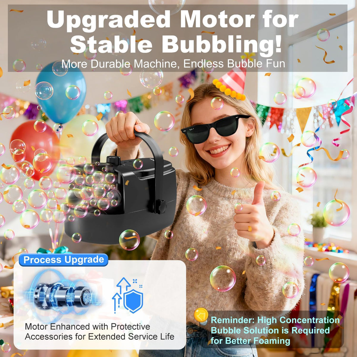 Zerhunt Durable Bubble Machine for Party: 3 Power Modes for Non-Stop Fun - 18000+ Bubbles Per Minute High Output 30 Mins Bubbles per Refill - Kids Safe Auto-Stop for Outdoor Backyard Birthday