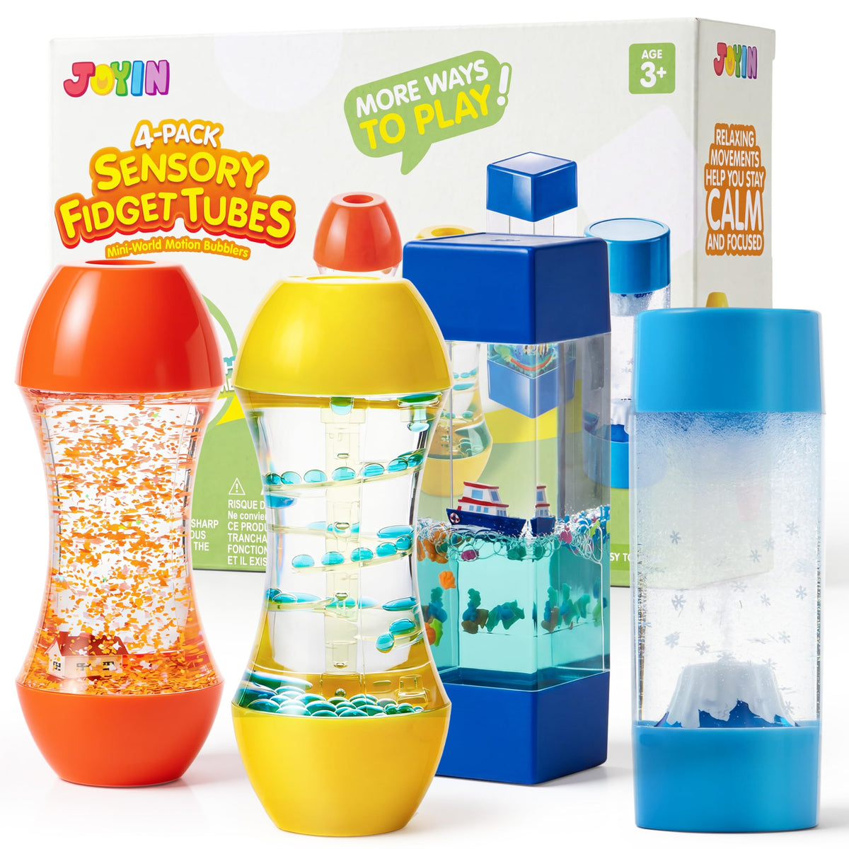 JOYIN 4-Pack Fidget Tubes for Kids, Sensory Tubes, Stress Relief Toy, Speech Therapy, Calming Toys for Children with Autism, Calm Down Corner Classroom Supplies, Back to School Gifts for Students