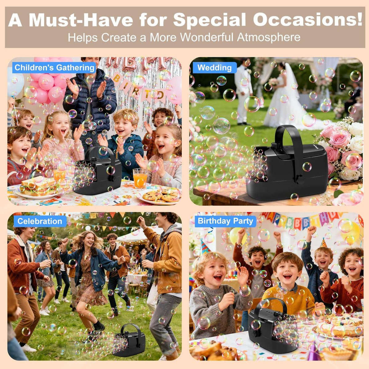 Zerhunt Durable Bubble Machine for Party: 3 Power Modes for Non-Stop Fun - 18000+ Bubbles Per Minute High Output 30 Mins Bubbles per Refill - Kids Safe Auto-Stop for Outdoor Backyard Birthday
