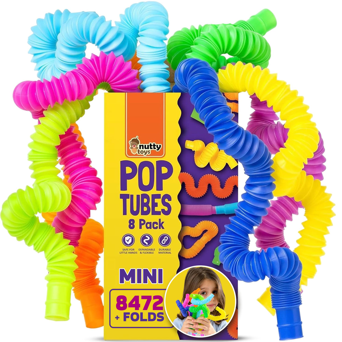 Nutty Toys Pop Tubes - Large 8-Pack Sensory Toys - Creative STEM Learning for Kids & Toddlers - Connect & Pop! Top ADHD Autism Fidget 2026, Best Boy & Girl Christmas Stocking Stuffers Gifts Idea