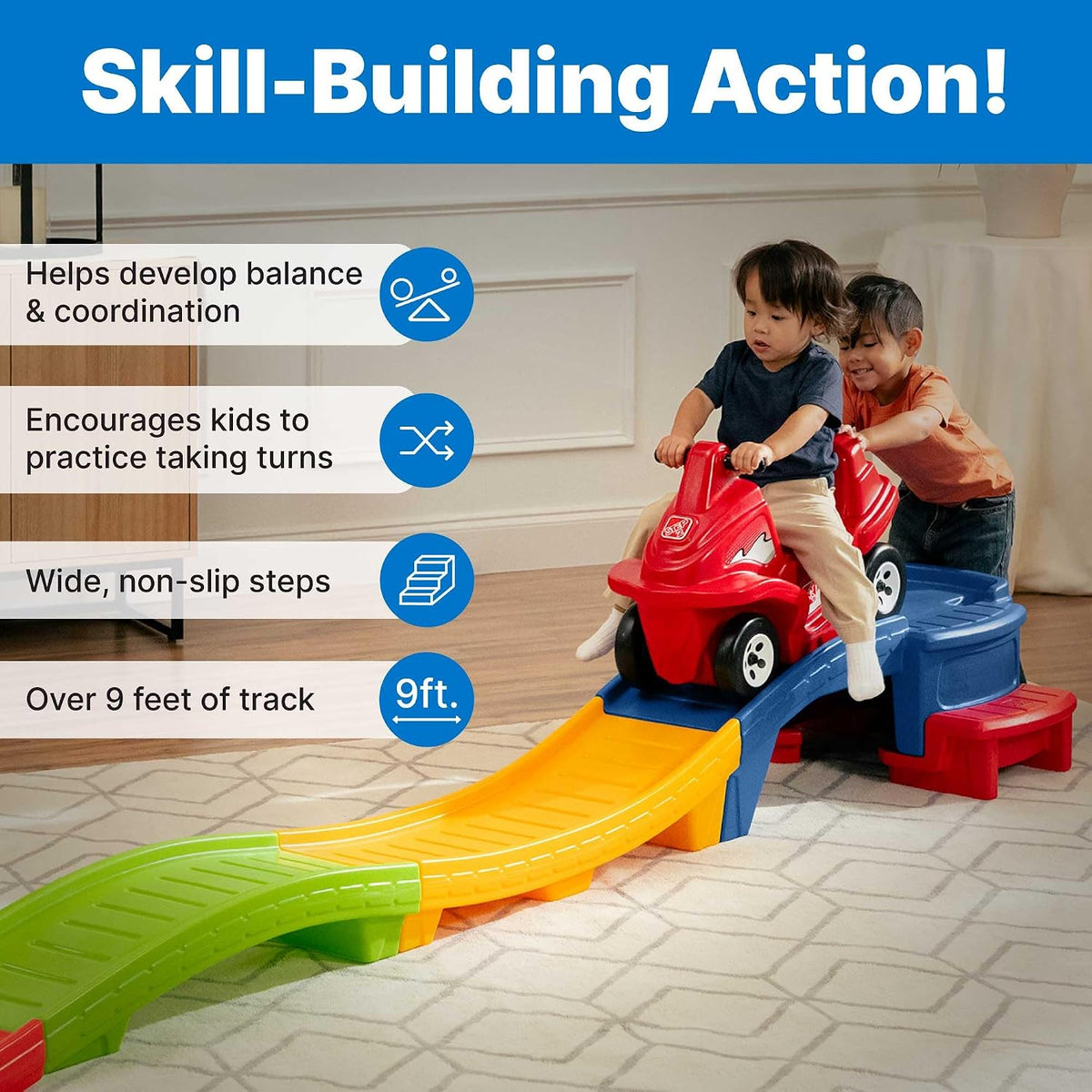Step2 Up & Down Roller Coaster Kids Ride On Toy, Push Car, Indoor/Outdoor Playset, Made of Durable Plastic, Max Weight 50 lbs., for Toddlers 2-5 Years Old, Multicolor