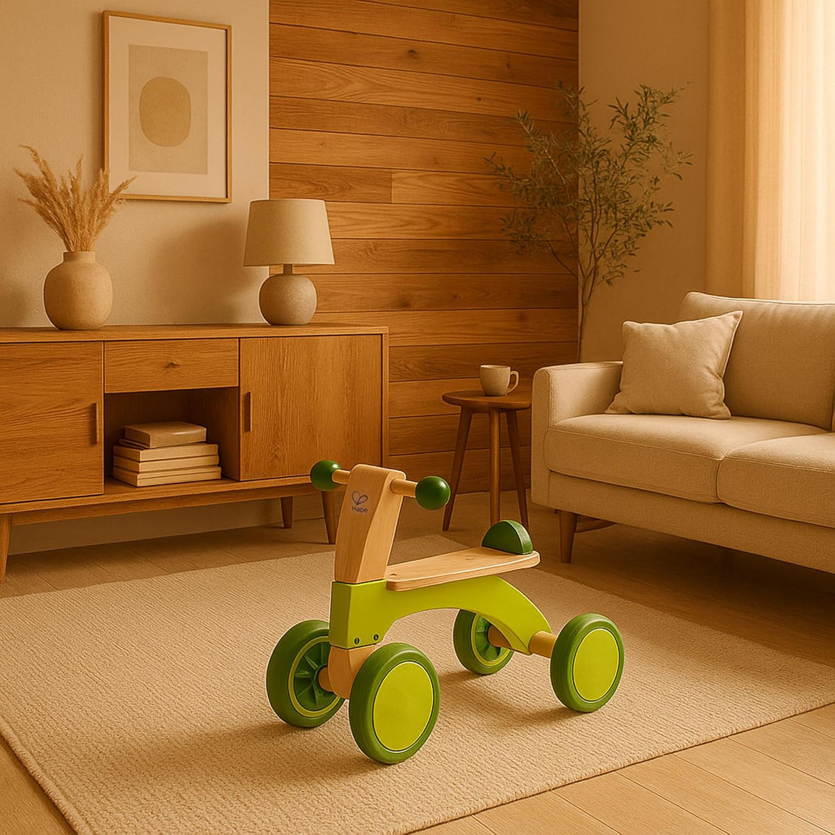 Hape Scoot Around Ride On Wood Bike | Award Winning Four Wheeled Wooden Push Balance Bike Toy for Toddlers with Rubberized Wheels, Bright Green