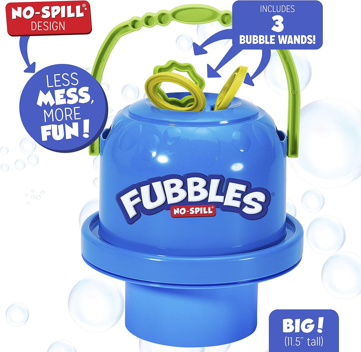 Fubbles Bubbles No-Spill Big Bubble Bucket | Bubbles for Toddlers and Kids of All Ages | Includes Fubbles Bubbles Bucket and 3 Bubble Wands, Made in The USA