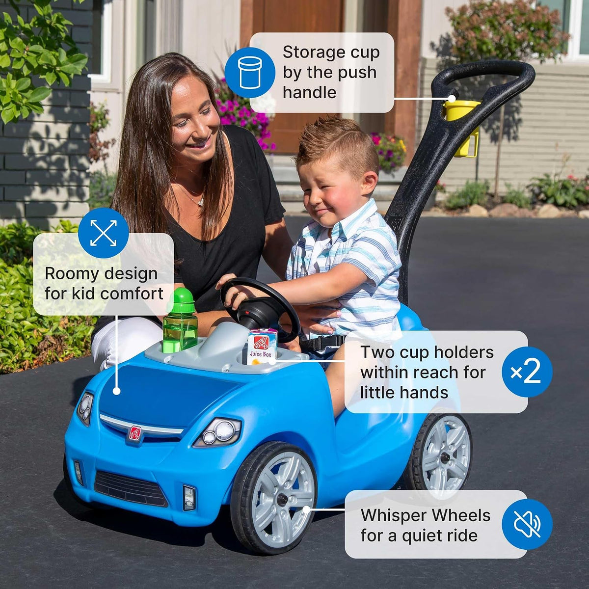 Step2 Whisper Ride II Kids Push Car, Ride-On Car with Seat Belt and Horn, Quick Fold Handle, Stroller Alternative, Toddlers and Preschoolers Ages 18+ Months, Blue
