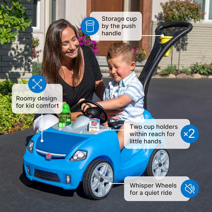 Step2 Whisper Ride II Kids Push Car, Ride-On Car with Seat Belt and Horn, Quick Fold Handle, Stroller Alternative, Toddlers and Preschoolers Ages 18+ Months, Blue