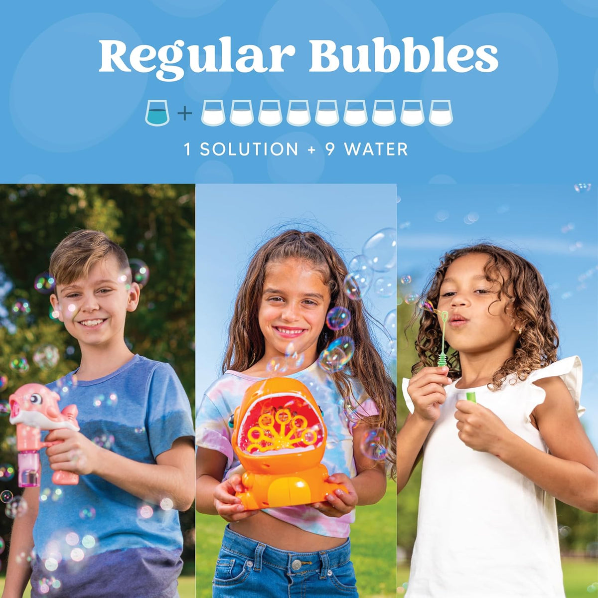 JOYIN 2 Bottles Bubbles Refill Solutions 64 oz (up to 5 Gallon), Concentrated Solution for Bubble Machine, Gun, Wand Refill Fluid Summer, Easter Toys(Orange+Blue)