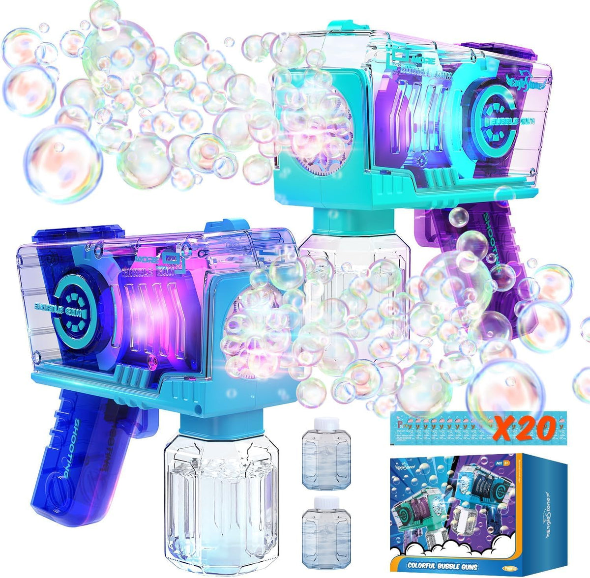 EagleStone 2 PCS Bubble Guns for Toddlers 2 Bubble Solution, 20 Concentrate