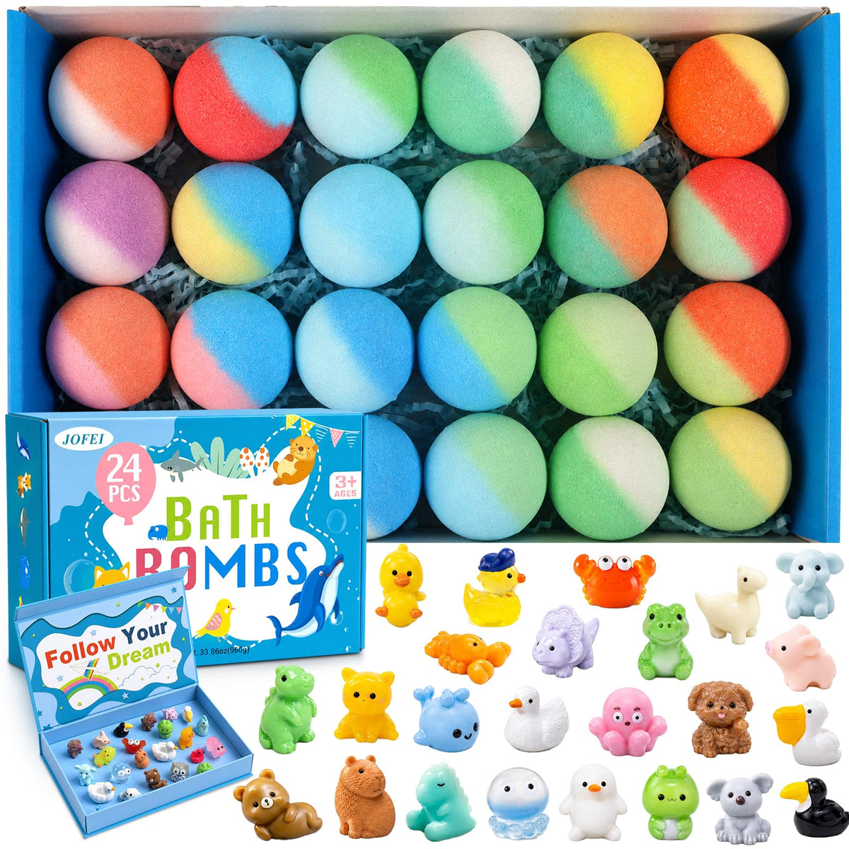 Bath Bombs for Kids with Surprise Inside, 24 Pack Kids Bath Bombs with Toys Inside Gift Set, Kid Bubble Bath Fizzy for Girls Boys with Bath Toys