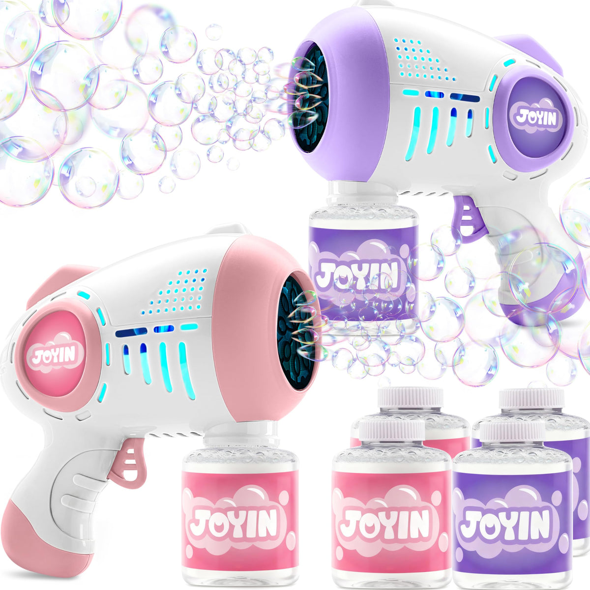 JOYIN 2 Kids Bubble Guns with 4 Bottles Solution, Automatic Bubble Machine Gun with 8 Holes for Kids, Adults, Summer Toys, Easter Basket Stuffers, Birthday Gift, Party Favors