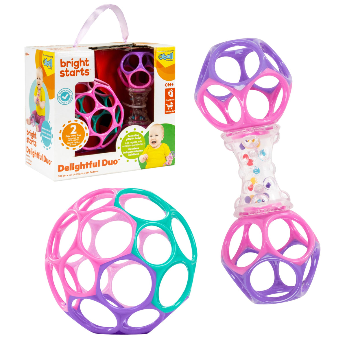Bright Starts Easy-Grasp Oball Bundle Gift Set - Grasp The Day, Ball and Rattle Toys 2-Pack, BPA Free, Unisex, Newborn+