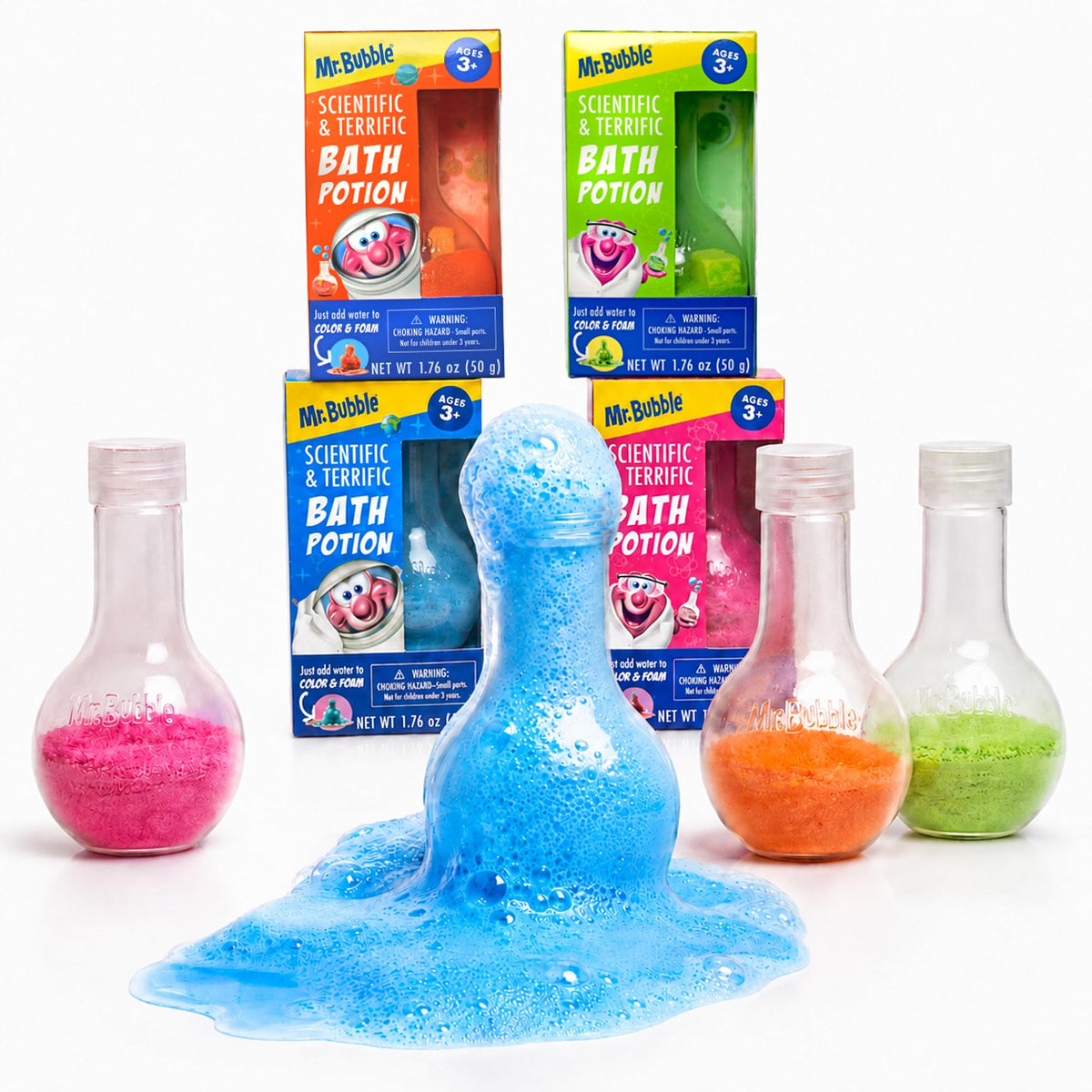 Mr. Bubble Kids Original Bath Bomb Potions - Colorful Fizzy Fun - Cool Foam and Bubble Science Beaker Bath Toys (Pack of 4)